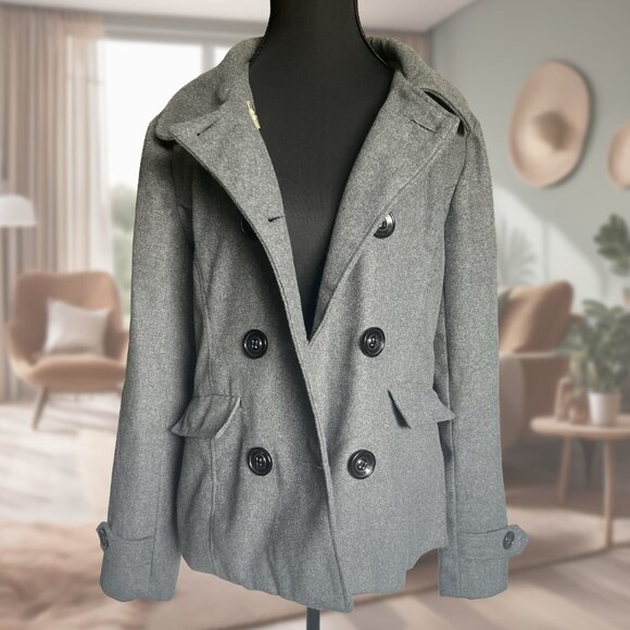 Grey, Lined, Double-Breasted Pea Coat or Driving Coat - Picture 4 of 7